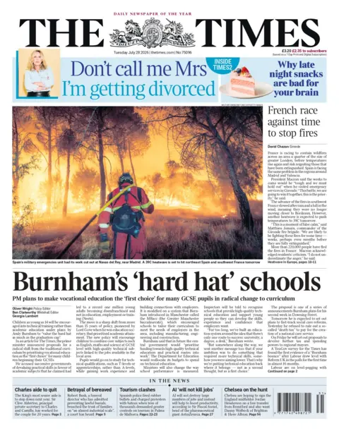 "Burnham's 'hard hat' schools," reads the headline on the front page of the Times.