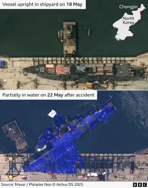 Two images showing the before ansd after. Both show the same concrete harbourside along the bottom of the image, and dark green water above. The first you can make out the outline of a ship from above; the second the ship is on its side, half in the water and covered in a bright blue tarpualin