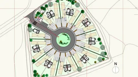 West Berkshire Council A drawing shows the layout of the upgraded site from overheard. 17 caravans are arranged in a circle of eight pairs and one on it's own next to the entrance to the site. All sites have driveways and areas for parking vehicles and in the centre an area of greenery is indicated