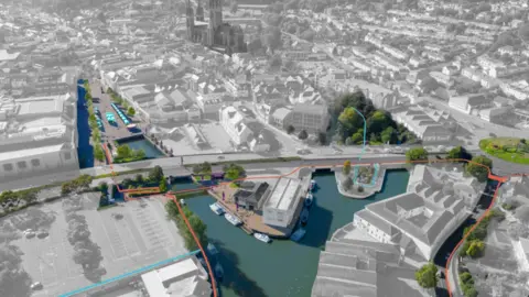 An artist's impression of the proposed improvement work to Truro's Lemon Quay and Garras Wharf areas, as seen from above