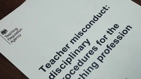 Teaching Regulation Agency A white piece of paper with the writing 'Teaching misconduct: disciplinary procedures for the teaching profession' written on it