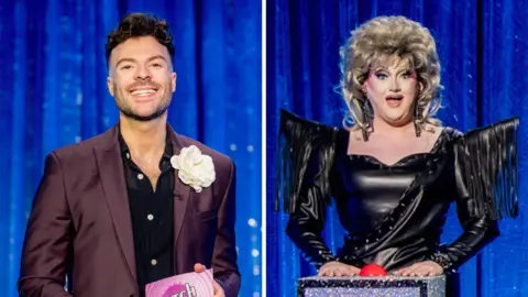 Split screen showing a man, Jordan North, wearing a suit on the left and a woman, 'Bonnie Tyler' in a black leather dress on the right