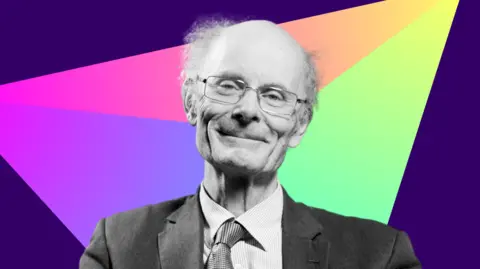 BBC Potrait of Sir John Curtice, smiling with grey hair and metal-framed glasses, wearing a suit and tie. He has the colours of Election 2024 beh