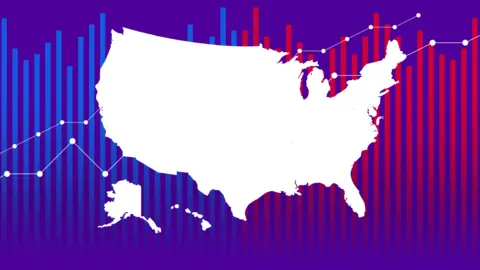 An outline of the United States of America on a background of red and blue stripes and an illustrative line chart