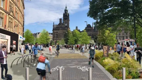 Sheffield City Council An artist's impression shows a pedestrian area with people walking and cycling in the city centre. There are bike racks, metal bollards and shops