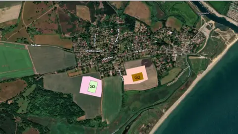 National Grid A map of a village with two different markers that show where underground cables could make landfall as part of an energy project. 