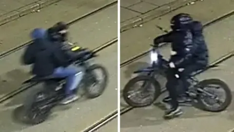 Nottinghamshire Police CCTV stills showing two sets of balaclava wearing people on two e-bikes, riding across the tram tracks in market square