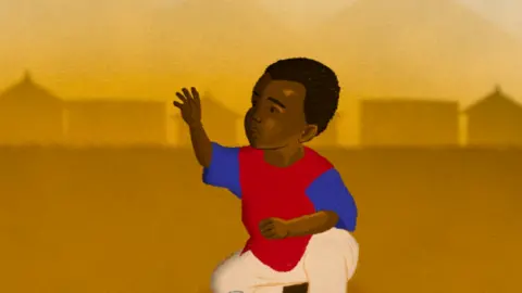 An illustration showing a child sitting on the ground outside in a blue and red T-shirt stretching out his hand