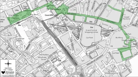 City Council of Birmingham Man from the center of Birmingham. The route extending from Centenary Square, New Street and down to Bullring and Edgbaston Street, is marked in green.