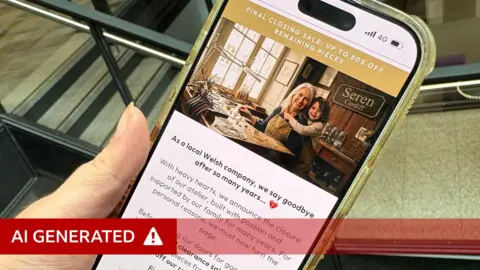 A mobile phone being held in someone's hand. On the phone is an image of an older woman with an apron sitting at a workshop desk, with a young girl hugging her. A sign saying 'Seren Cardiff' can be seen in the background. 