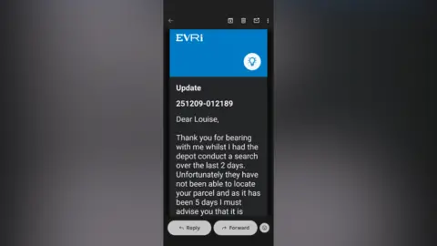Louise Muldoon A screenshot of a message from Evri on an app. It says that they've searched for a parcel for two days, but "unfortunately" they could not locate it. 