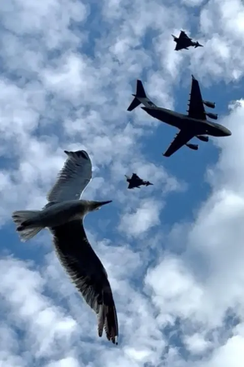 Craig Amy Three military aircraft silhouetted in the sky, but photobombed by a seagull in the foreground.