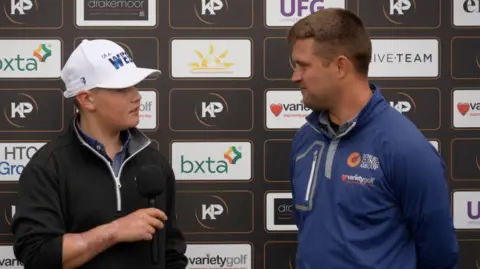 Popert ainterviewing a young player at the event he arranged at London Golf Club near Sevenoaks, where he's from, earlier this week. It offering players pay for taking part and young disabled people a chance to see golfers at the top of their game.