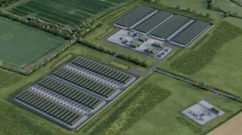 Statkraft A computer-generated image shows what the site could look like from the air. Two large-areas of hard-standing have rows and rows of shipping containers, which contain the batteries. The plant is surrounded by fields and hedges.