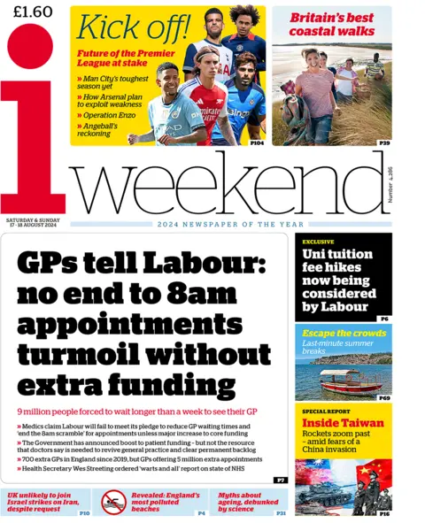 The headline on the front page of the i reads: "GPs tell Labour: no end to 8am appointments turmoil without extra funding". 