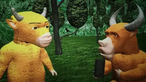 A screengrab from the movie shows a yellow cow standing against poorly illustrated trees and talking to a brown bull that is holding what appears to be a black block