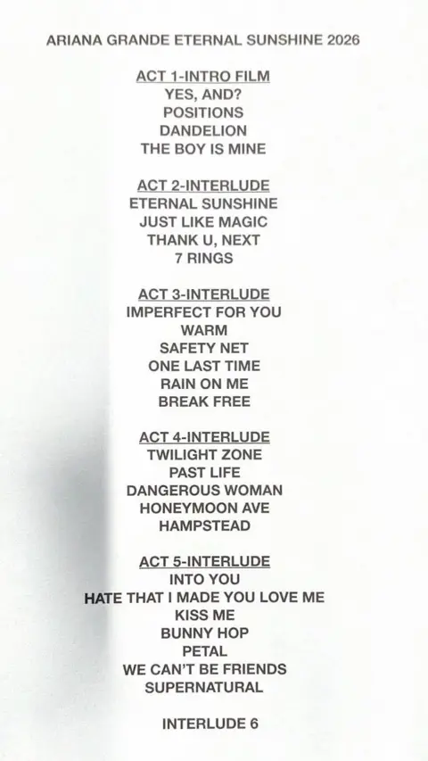 Setlist for Ariana Grande's Eternal Sunshine tour on 15 August 2026