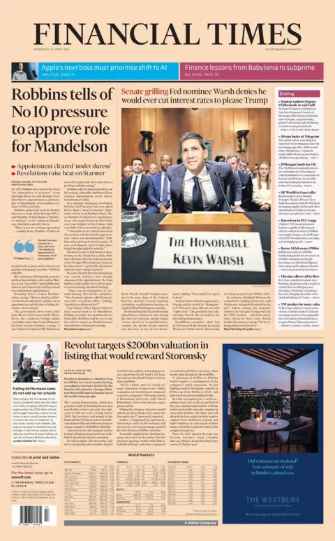 "Robbins tells of No 10 pressure to approve role for Mandelson" reads the headline on the front page of the Financial Times.