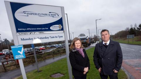 Cllr Elizabeth Scott, Durham County Council’s Cabinet member for economy and partnerships, and Mark Jackson, the local authority’s head of transport and contract services, at Sniperley Park and Ride. 