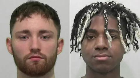 Mugshots of Dove and Chapman. Dove is white with a short ginger beard and short dark hair. Chapman is black, clean shaven with black and blond dreadlocks.