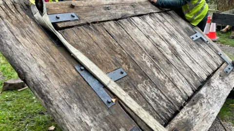 The wooden lock gate that was donated by the Canal and River Trust