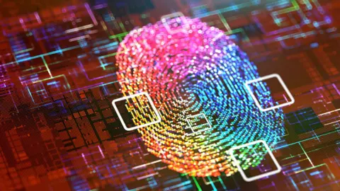 Stock image of a computer generated image of a multi-coloured fingerprint with red digitally rendered squares in the background