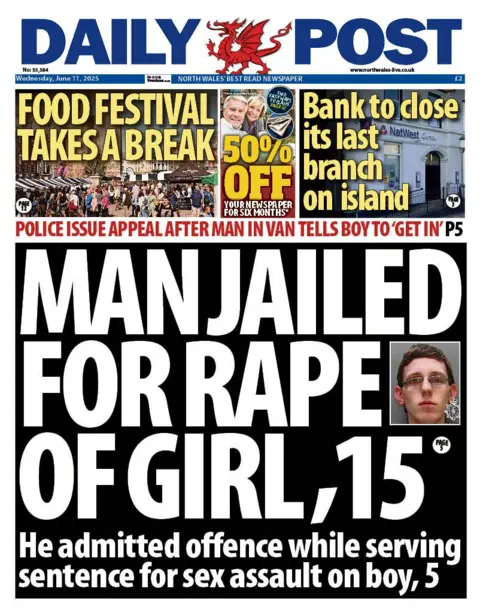 Daily Post Daily Post front page, with a main headline reading "Man jailed for rape of girl, 15" and a picture of a man with short hair and glasses