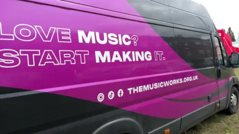 An image of a van parked up on grass which says 'Love Music? Start Making it'. There are marquees in the background.