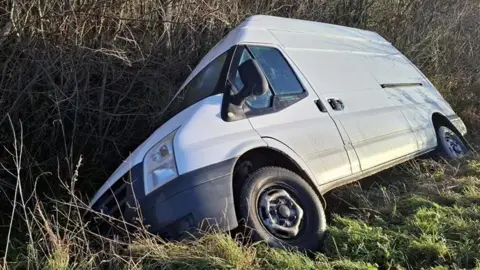 A white van, on its side in a ditch, with grass and bushes around it. You can see two wheels. 