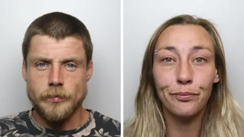 A composite of two mug shots - one of a man with short brown hair and a light brown beard and another of a woman with long blonde hair and a brow piercing over her right eye.