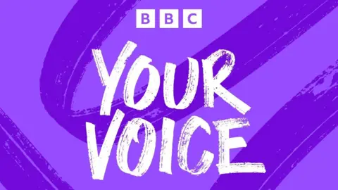 The BBC logo and text that reads "your voice" appear over a purple background.