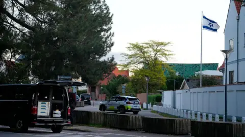 Police officers secured an area near the Israeli embassy in Copenhagen