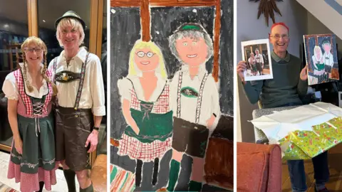 terribleartbyjamielee Three images. Left, man dressed in lederhosen and a woman dressed in similar German traditional clothing - a red and white checkered dress and white blouse. They are both wearing blonde wigs and are stood in front of large glass windows. Centre, a crudely painted version of the same scene, coloured with a very dark background paint. Right, the man in the photograph on the left is pictured holding the photograph and the painting while sitting on a chair with Christmas wrapping paper on his knees. He is wearing a red Christmas hat and smiling. There is a red sofa to his left and a star shaped clock on a blue wall.