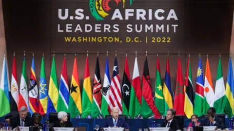 Getty Images Tom Vilsack, US secretary of agriculture, from left, Janet Yellen, US Treasury secretary, US President Joe Biden, Antony Blinken, US secretary of state, and Macky Sall, Senegal's president, participate in the US-Africa Summit closing session in Washington, DC, US, on Thursday, Dec. 15, 2022