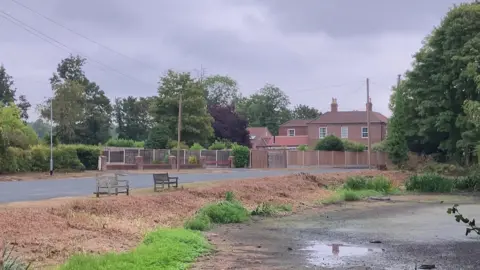 Looking across a half-dry pond towards a quiet road in a country village with trees and old brick houses in the background.