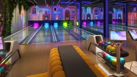 Full Fat An artist's impression of the interior of the Mega City entertainment venue shows a series of bowling lanes. At the end of the lanes are pins illuminated in various colours. One set of ten pins is pink, another blue and another neon green. In the foreground is a yellow seating area and a bowling ball dispenser. 