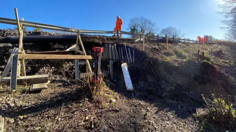 Network Rail A view from halfway up the landslip at Tinsley Green.