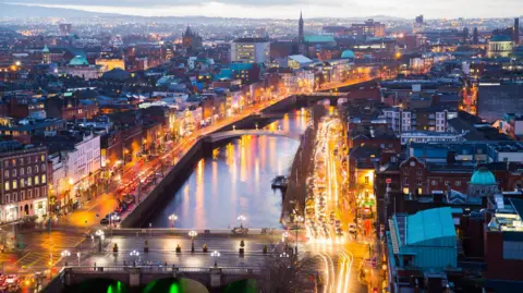 Getty Images A stock image showing an aerial view of Dublin at night.