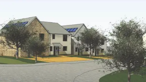 A 3D image as to how some of the homes could look. It is a drawing of houses in a row with trees, grass and driveways. 