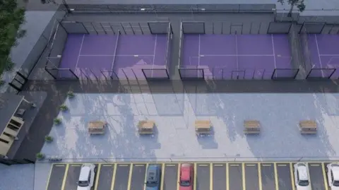 An artist's impression of the courts, which are in a line and have purple flooring with glass walls and white lines on the floor. adjacent to them is car parking with black flooring and yellow bay lines 