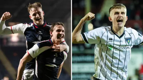 Falkirk duo Liam Henderson and Coll Donaldson celebrate beating Dundee United; Dunfermline's Matthew Todd celebrates beating Aberdeen