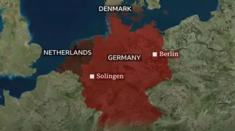 Map of Germany showing Solingen and the capital Berlin