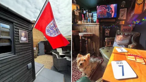 Zoe Bleach Side by side images. One shows a large red England flag attached to a black shed. The other shows the inside of the pub.