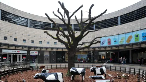 An oak tree encircled by a shopping centre and some concrete cows.