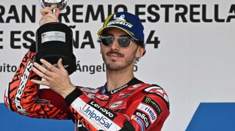 Francesco Bagnaia celebrates after winning the MotoGP Spanish Grand Prix