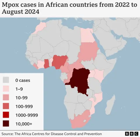 Map showing the spread of mpox across Africa over the past two years