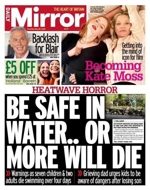 "Be safe in water.. or more will die" reads the headline on the front page of the Daily Mirror.