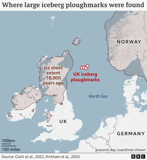 Map showing locations of UK iceberg ploughmarks, not far off the east coast of Scotland today. The ice-sheet extent of 18,000 years ago is also shown; ice covers Scotland and north England, as well as the northern half of the island of Ireland. A smaller area of ice in north Wales is present too.
