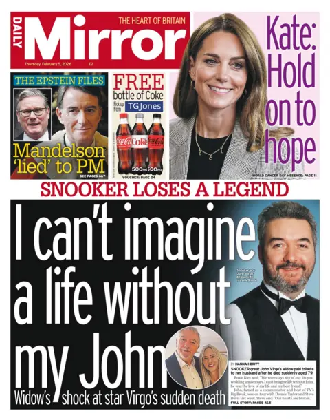 "Snooker loses a legend... I can't imagine a life without my John" reads the Daily Mirror's headline on the front page.