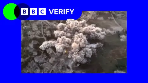 A graphical composite image showing the BBC Verify logo and a large explosion.